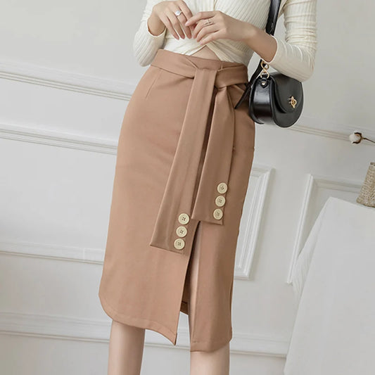 Autumn Winter Women&#39;s Mid-Length Elegant Casual Asymmetrical High-Waist Stretch Hip-Wrapped Nylon Cotton Skirt Mujer Faldas A090