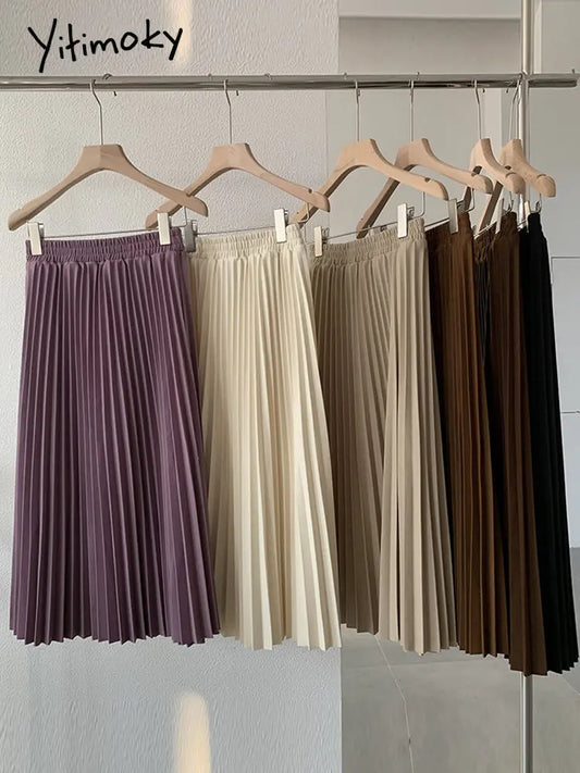 Yitimoky Luxury Long Pleated Skirts for Women 2023 Spring New Elegant Office Ladies Chic Elastic Band Fashion A Line Midi Skirt